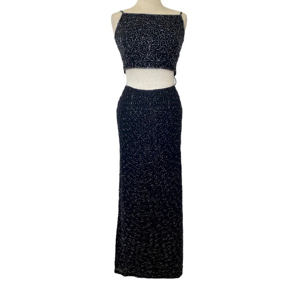 Other - Vintage 100% black silk beaded two piece set corset crop top midi maxi skirt